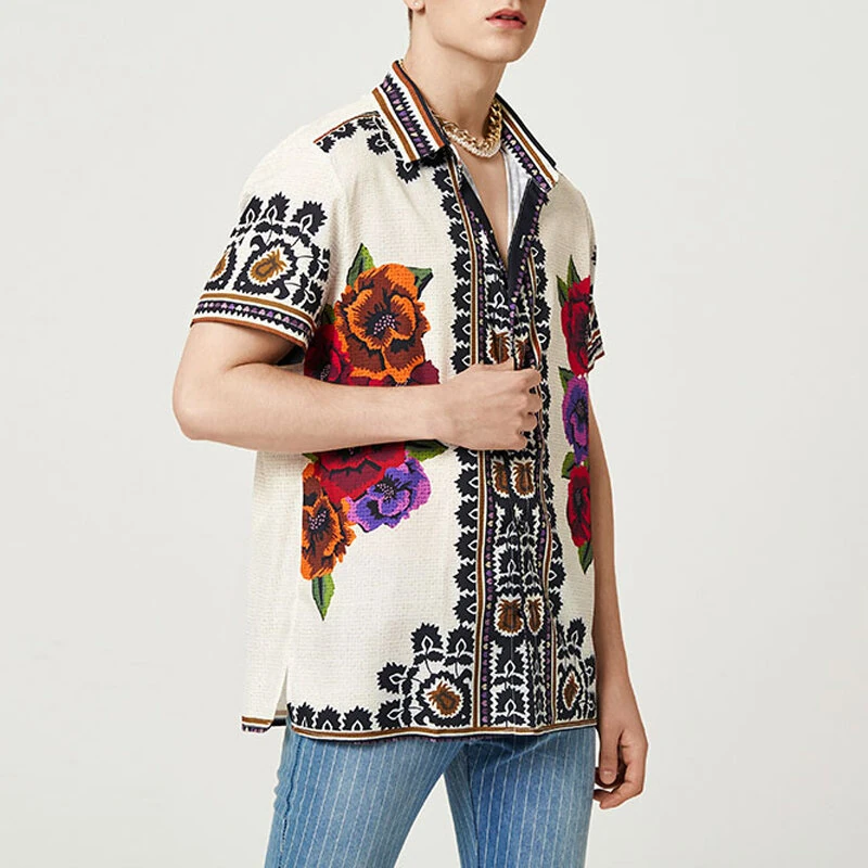 (image for) INCERUN Mens Vintage Floral Print Shirt Ethnic Print Button Up Lapel Short Sleeve Top Fashion Loose Fit for Men S-5XL