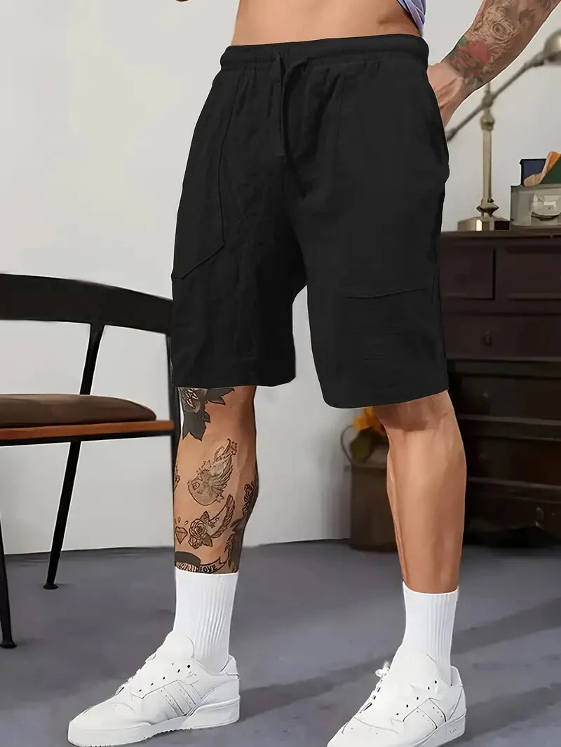 (image for) Men's Summer Cotton Linen Shorts Breathable Solid Black Drawstring Plus Size Beach Shorts Lightweight Casual Short Pants for Men Comfortable